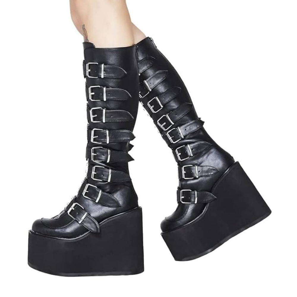 Swing adam knee boots metalic Black Multi-Buckle Platform women mid calf size 9